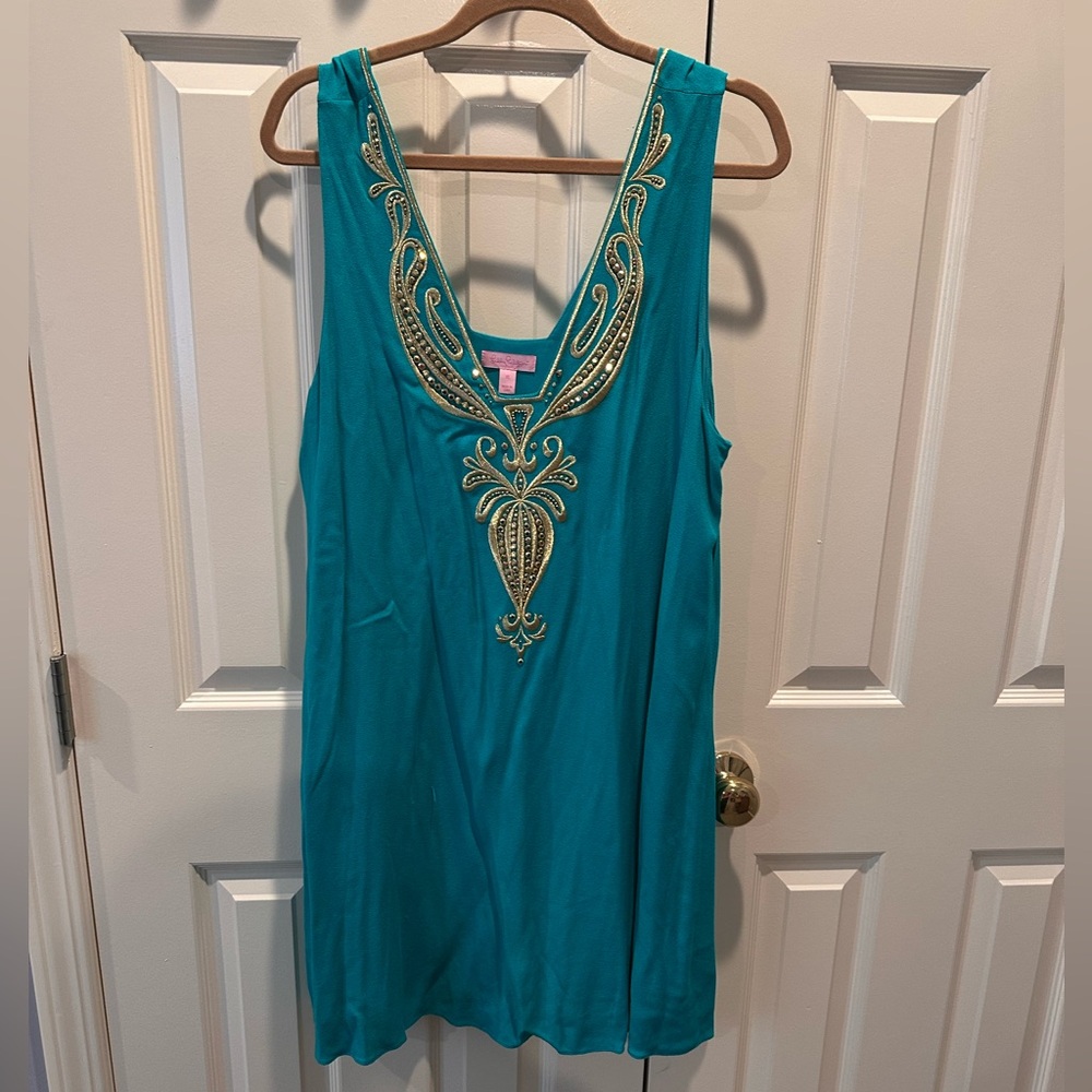 HTF Lilly Pulitzer Dress Teal with Gold Gypset Swirl Dress